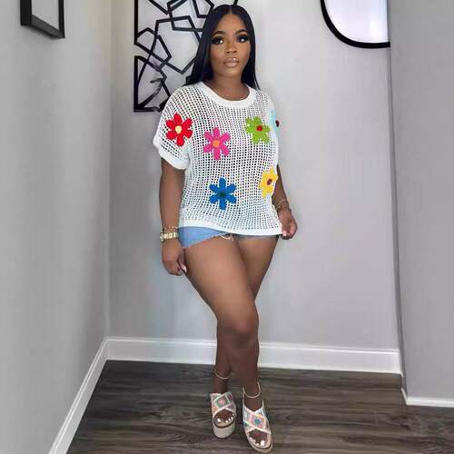 Women's Floral Embroidery Crew Neck Sweater Casual