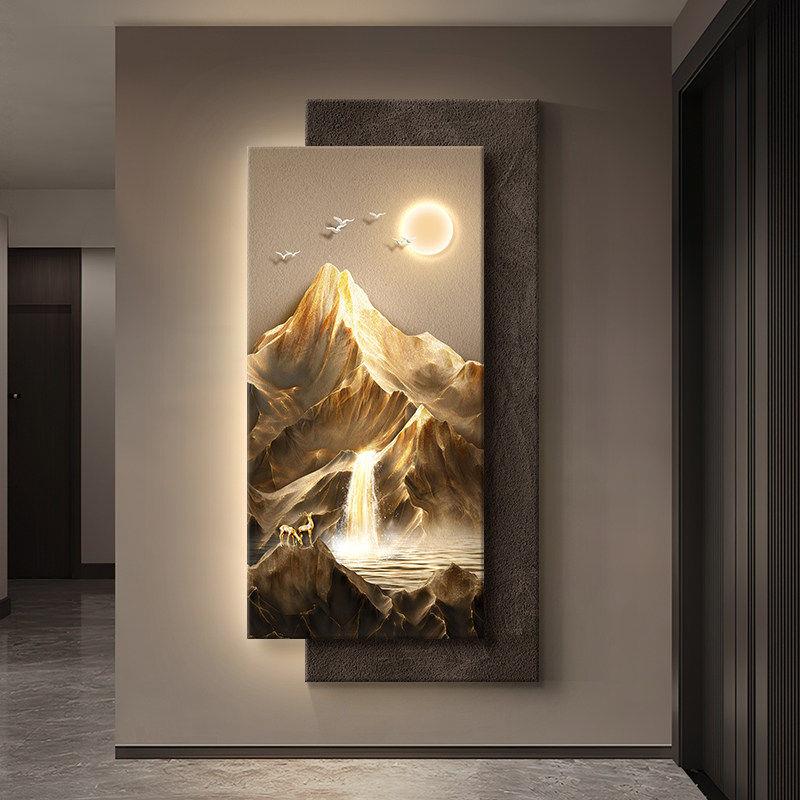 聚宝盆山水画玄关装饰画轻奢高级感走廊过道挂画入户门靠山壁画灯