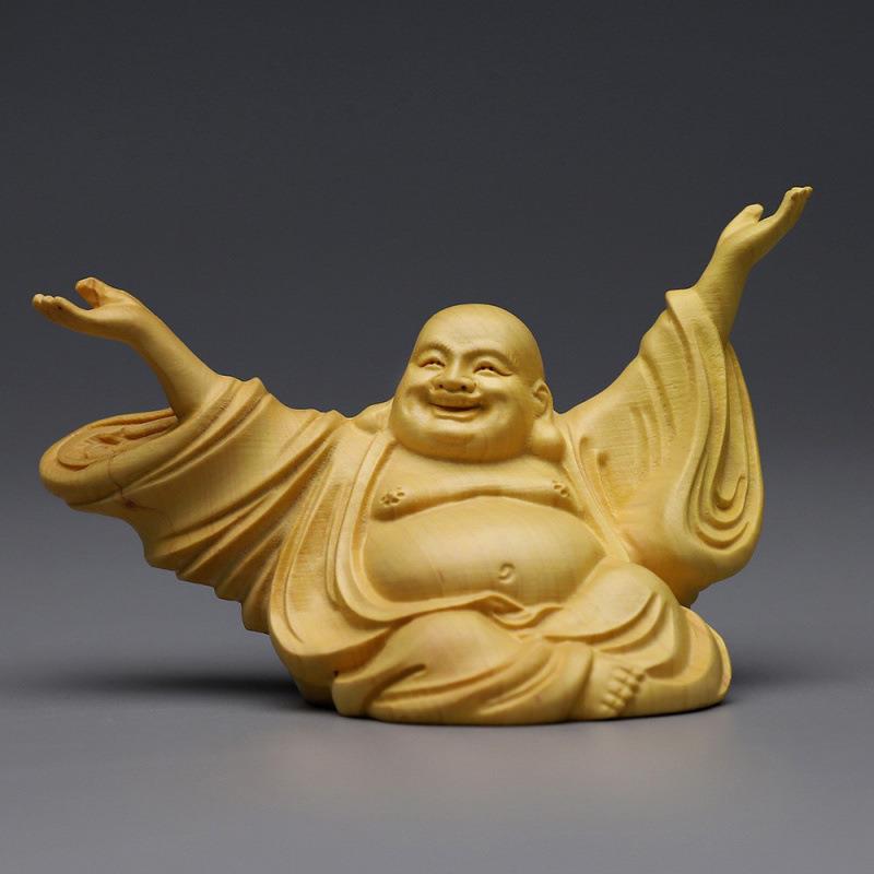 黄杨木雕双手向上弥勒客厅笑摆件 大肚弥勒像家用供奉工艺品