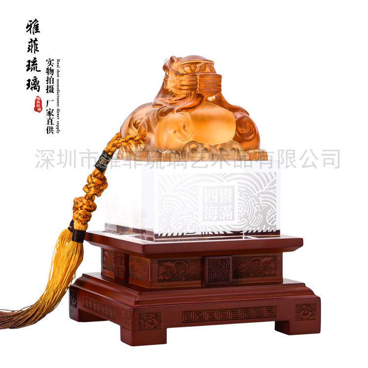 琉璃雕刻印章摆件 水晶刻字 实木底座 琉璃水晶摆件