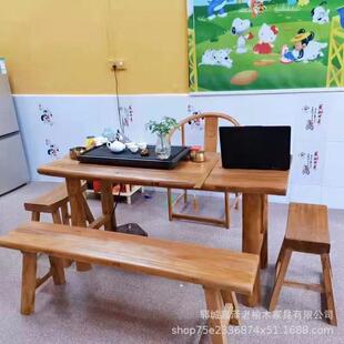 老榆木桌椅凳子组合实木大板茶桌茶台阳台长条餐桌家用原木书桌