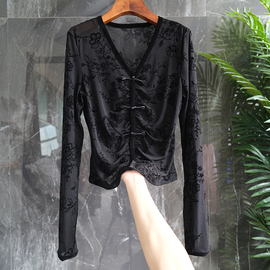 一线大牌撤柜中国风黑色丝绒提花长袖衬衫女V领设计感新中式上衣