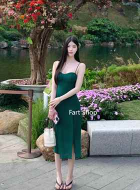 【Fart Shop】~绿野仙踪~法式复古吊带连衣裙收腰显白绿色长裙女