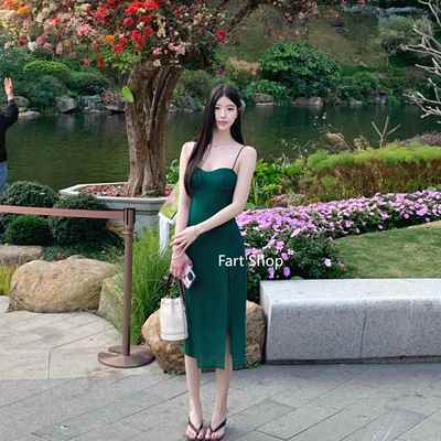 【Fart Shop】~绿野仙踪~法式复古吊带连衣裙收腰显白绿色长裙女