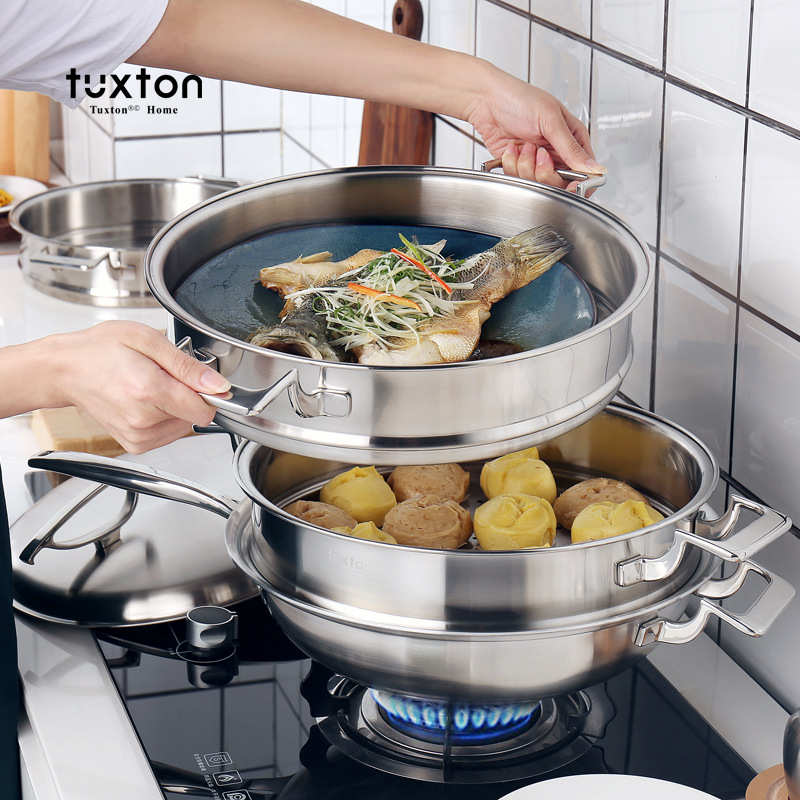 TUXTON炒锅平底锅304不锈钢锅炊具锅具套装三层钢炒菜锅配蒸笼