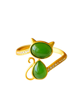 新款和田玉小戒指猫iBJ0249ns众设戒计女款玉戒925银镶碧玉咪子饰