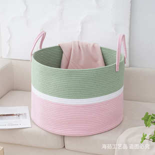 时尚拼色棉绳收纳篮简约大容量手提储物篮衣帽间卧室脏衣篮供应