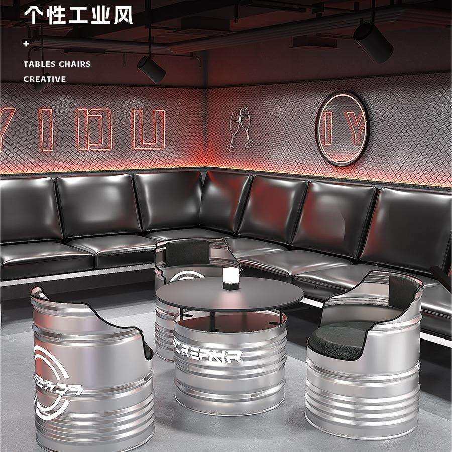 奶茶店桌组工业风酒吧油桶卡座网红合创意椅咖啡55厅待休息区接沙