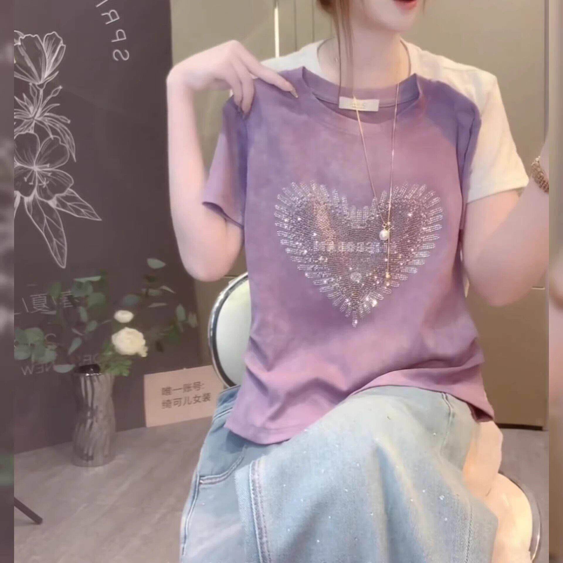 紫色扎染烫钻纯棉短袖T恤女夏季高级感大码胖MM显瘦宽松减龄上衣