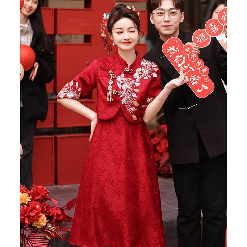 正品中式件两式旗袍套装酒红色孕妇大尺码敬酒服高腰遮显瘦出肚回
