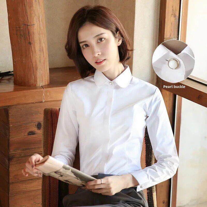 小圆领珍珠扣白衬衫女长袖气质职业正装工作服纯色修身显瘦衬衣寸