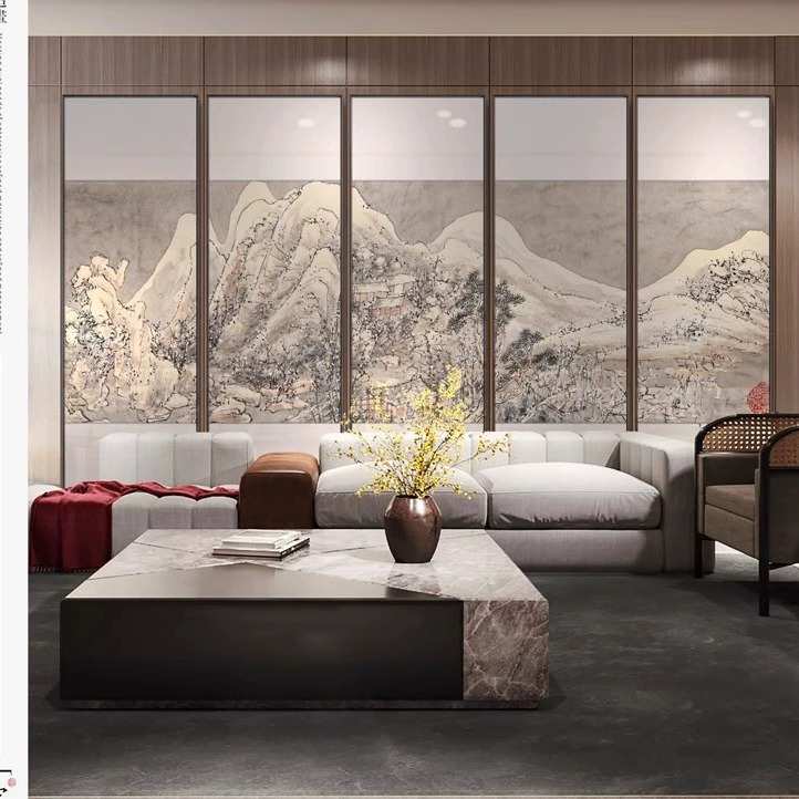 东方水墨山水画酒店过道餐厅中堂茶室背景墙壁画新中式多联装饰画