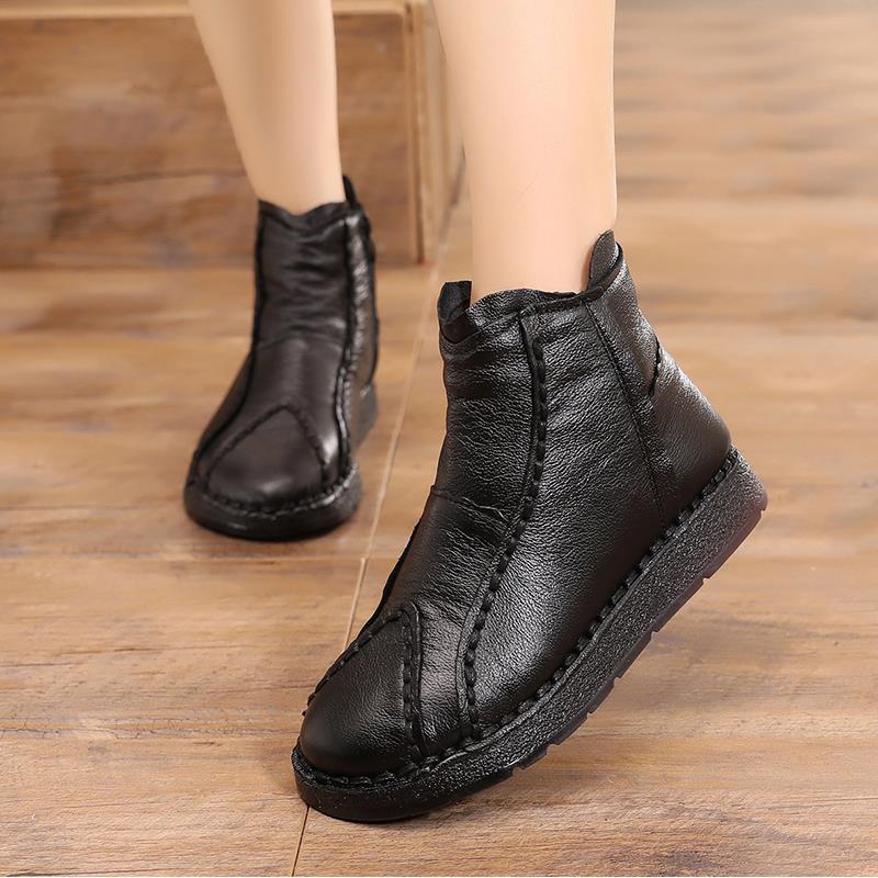 正品冬季加妈妈棉鞋皮女真短绒靴中老年棉底靴防滑雪地靴软皮鞋老