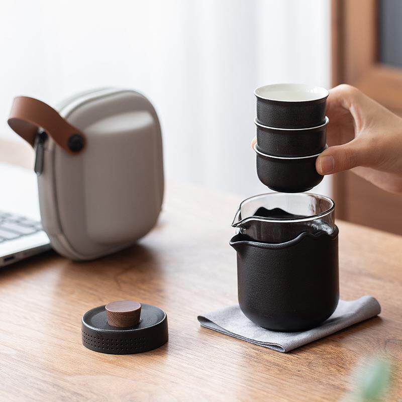 黑陶露营便携式茶具套装快客杯一壶三杯陶瓷旅行茶具户外喝茶装备
