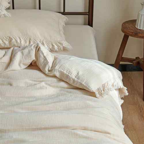 日式简约纯色全棉双层纱流苏花边四件套抽褶纹理素色轻奢透气床品