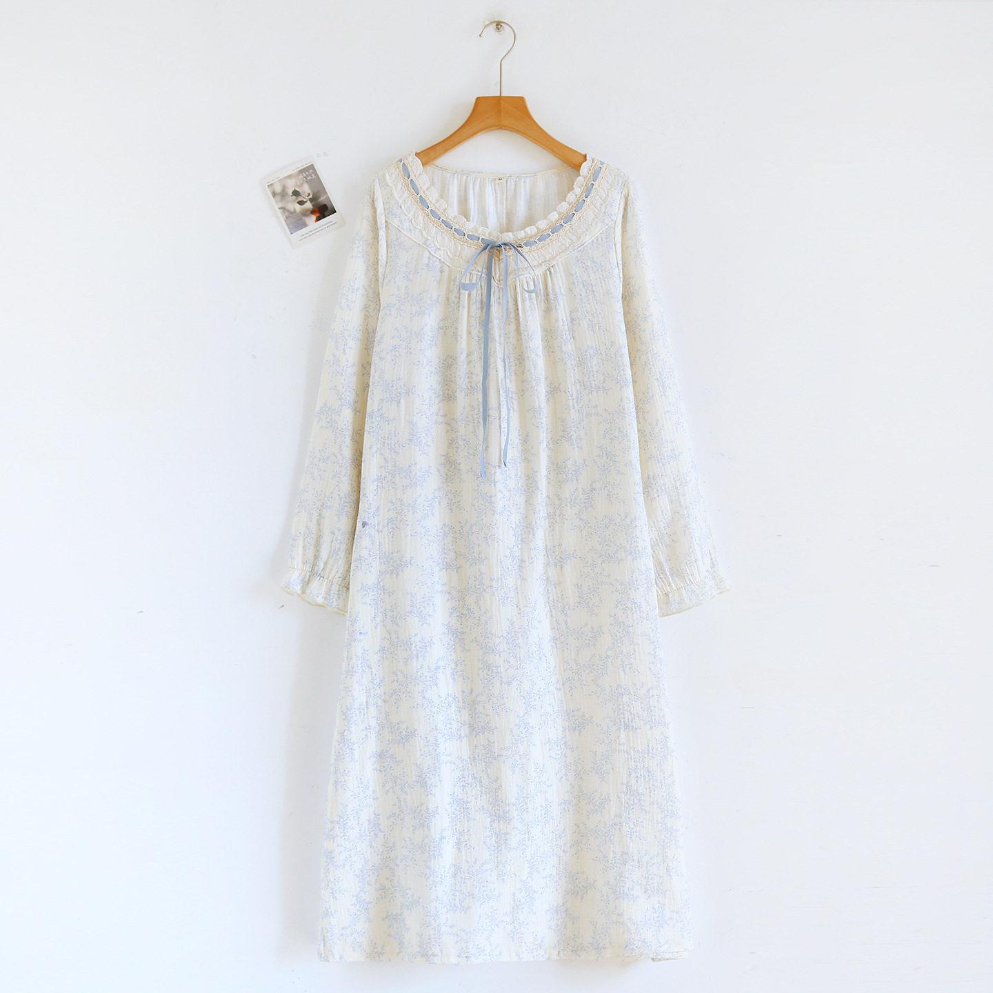 婴儿棉纱女式甜美睡裙长袖居家服套装棉纱睡衣薄款套装印花可外穿