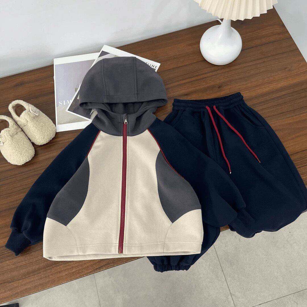 网红女童韩版套装中小童春秋新款洋气连帽拼色上衣长裤运动两件套