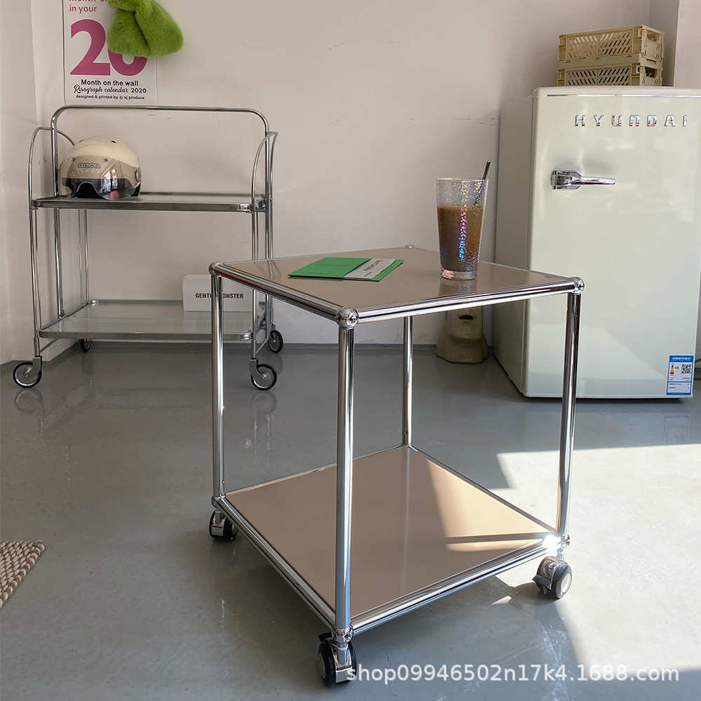 不锈钢移动小方几奶咖色边几茶几带轮金属模块组合柜床头柜小推车