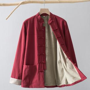 高档秋中冬季唐装加男纯棉绒长袖外套国年风中式服装中老薄款棉衣