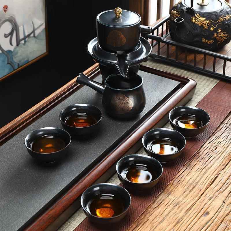 半自动茶具套装懒人办公家用吉州窑木叶盏描金茶杯茶壶整套