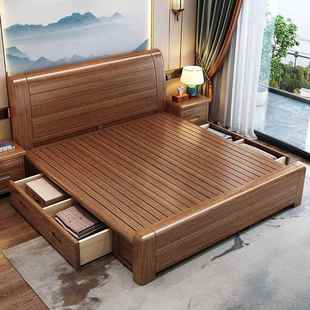 金丝HSU胡桃木实木床室现代中式 双人1.18m大单人床床.5m储物卧抽