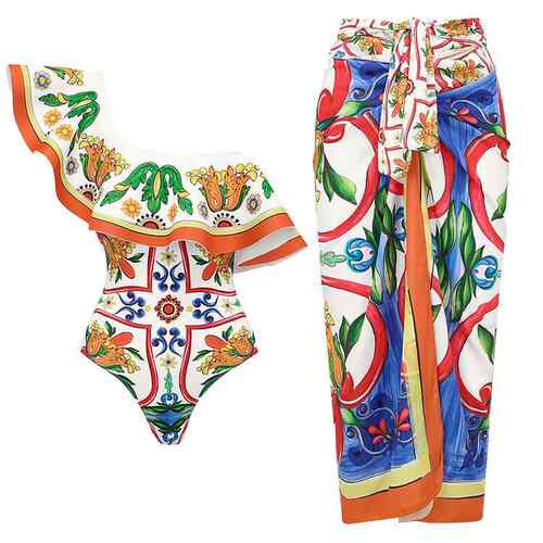 Swimsuit women's shoulder lotus leaf edge enamel printed