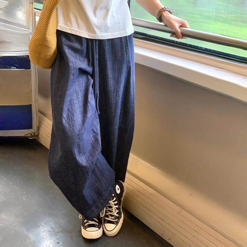慵懒风阔腿牛仔裤女夏季新款胖妹妹mm显瘦宽松日系九分棉麻奶奶裤
