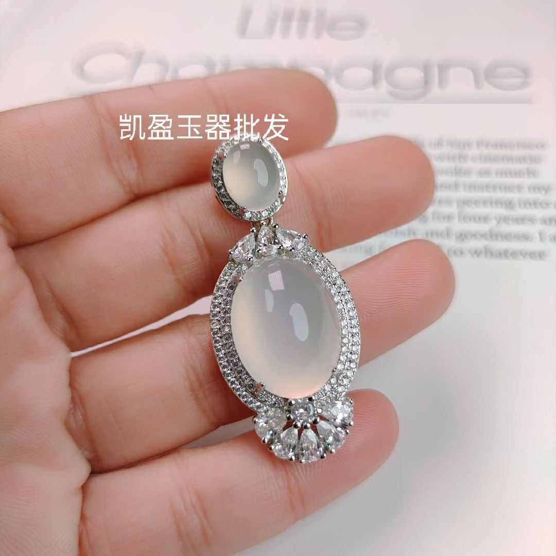 厂家批发 高冰925镀银镶嵌绿玉髓鸽子蛋水滴吊坠玛瑙女款玉石挂件