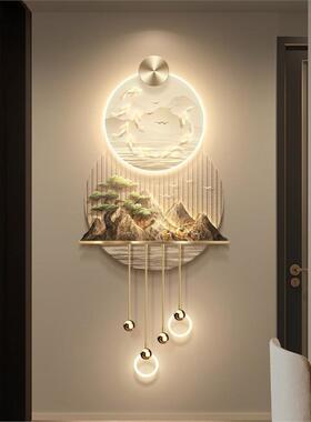 轻奢山水玄关装饰画高档迎客松走廊过道挂画寓意好立体入户壁画灯