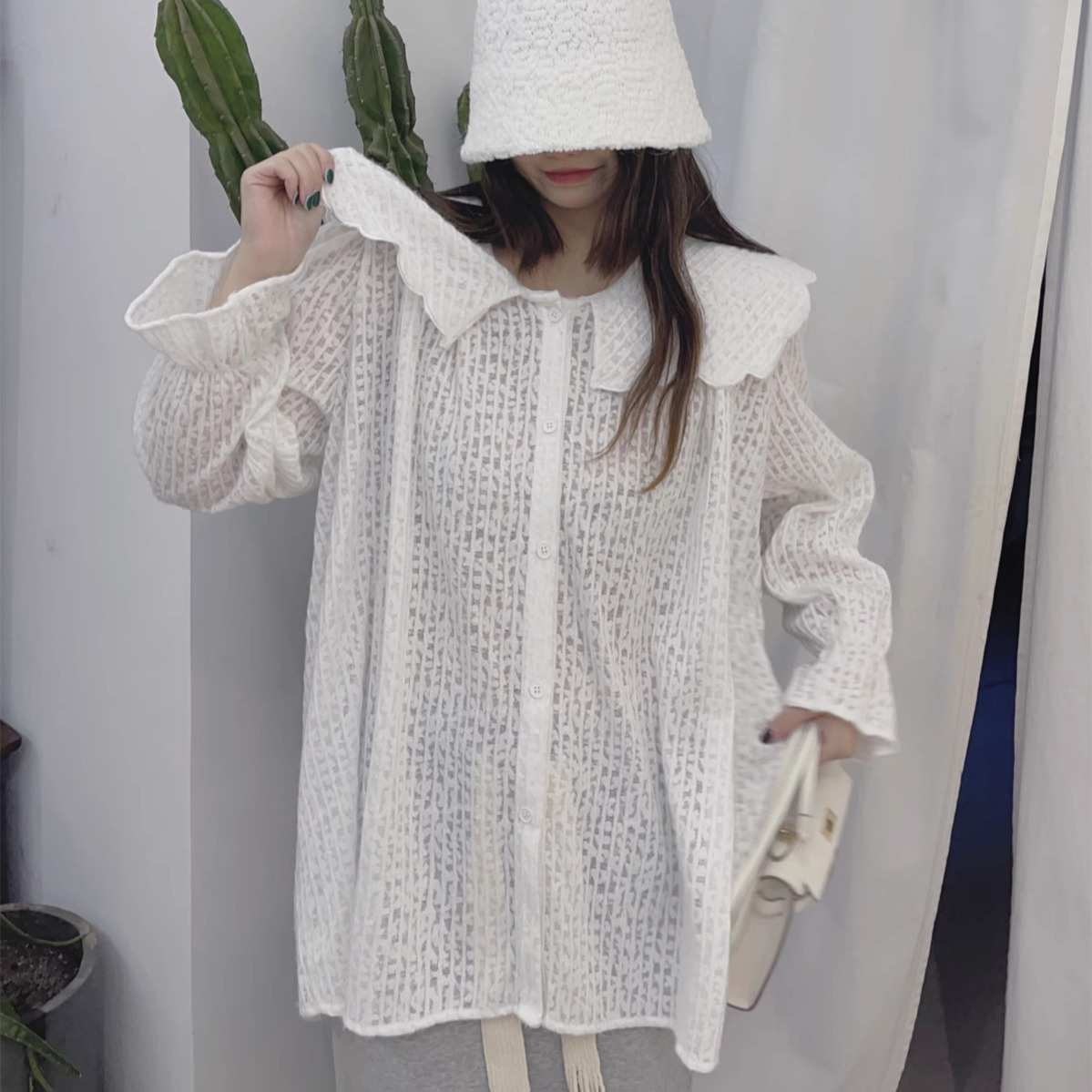 秋季新款学院风披肩领蕾丝娃娃衬衫T恤女宽松小清新甜美百搭衬衣