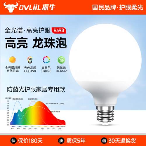 全光谱灯泡led学习写字防蓝光无频闪高显色Ra98螺口龙珠灯泡