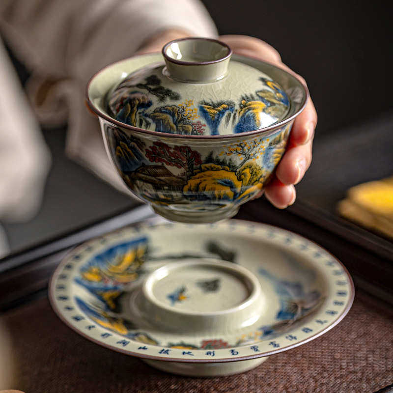 老陶泥开片三才盖碗陶瓷单个敬茶碗大号青花手抓壶泡茶杯家用送礼,餐饮具,盖碗,淘宝优惠券,粉丝福利购,淘宝优惠卷