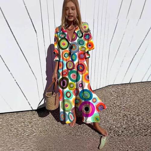 Women’s Boho A-Line Shirt Dress – Puff Sleeve Geometric