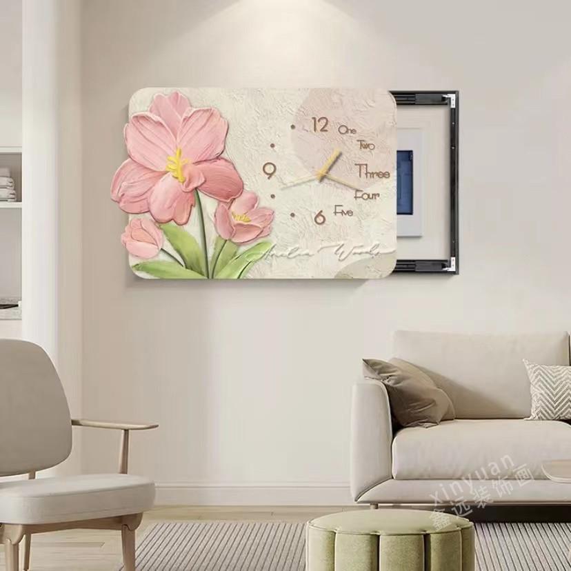 UV精雕奶油风餐厅电表箱装饰画现代简约郁金香带钟表遮挡挂画客厅