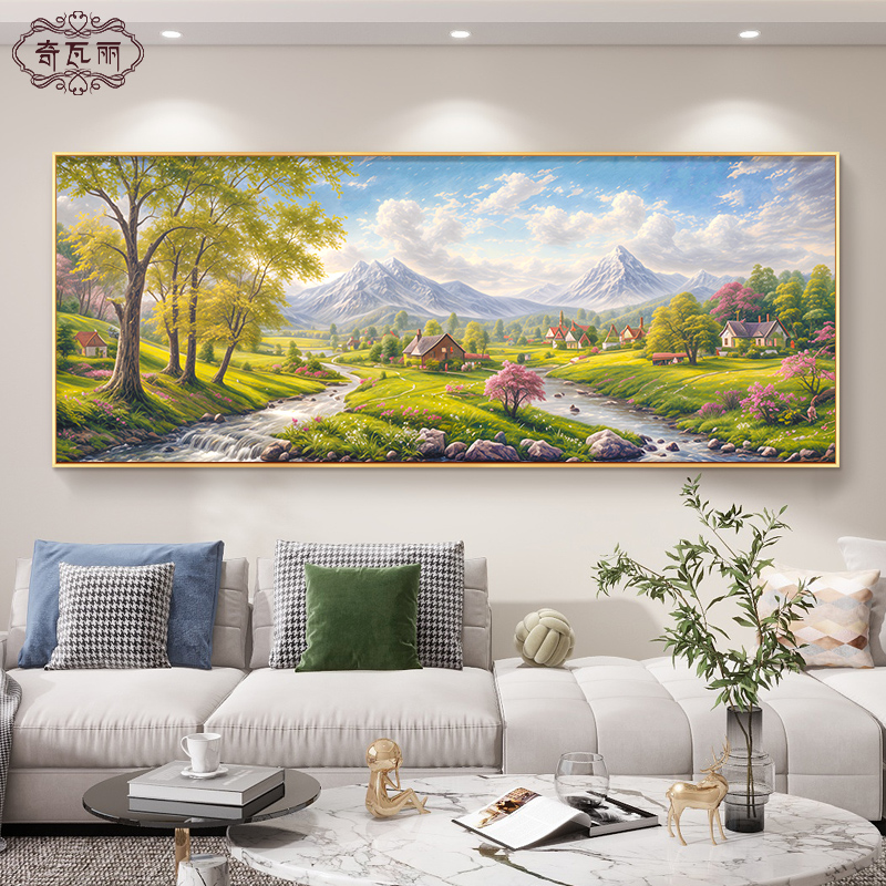 山水画客厅挂画轻奢高级感沙发背景墙装饰画风景手绘油画横版壁画