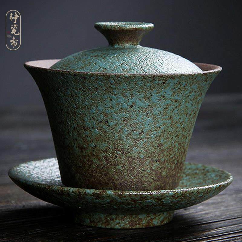 复古粗陶三才盖碗茶杯陶瓷泡茶碗功夫茶具茶道碗粗陶茶碗茶具配件