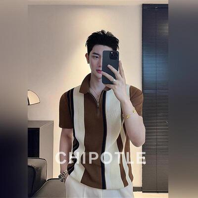 韩国CHIPOTLE老钱风条纹撞色针织POLO衫男士2026夏季冰丝短袖t恤
