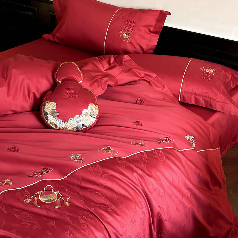 新婚长绒棉纯棉结婚四件套喜庆刺绣提花全棉婚庆喜嫁被套床品红色,床上用品,婚庆床品套件,淘宝优惠券,粉丝福利购,淘宝优惠卷