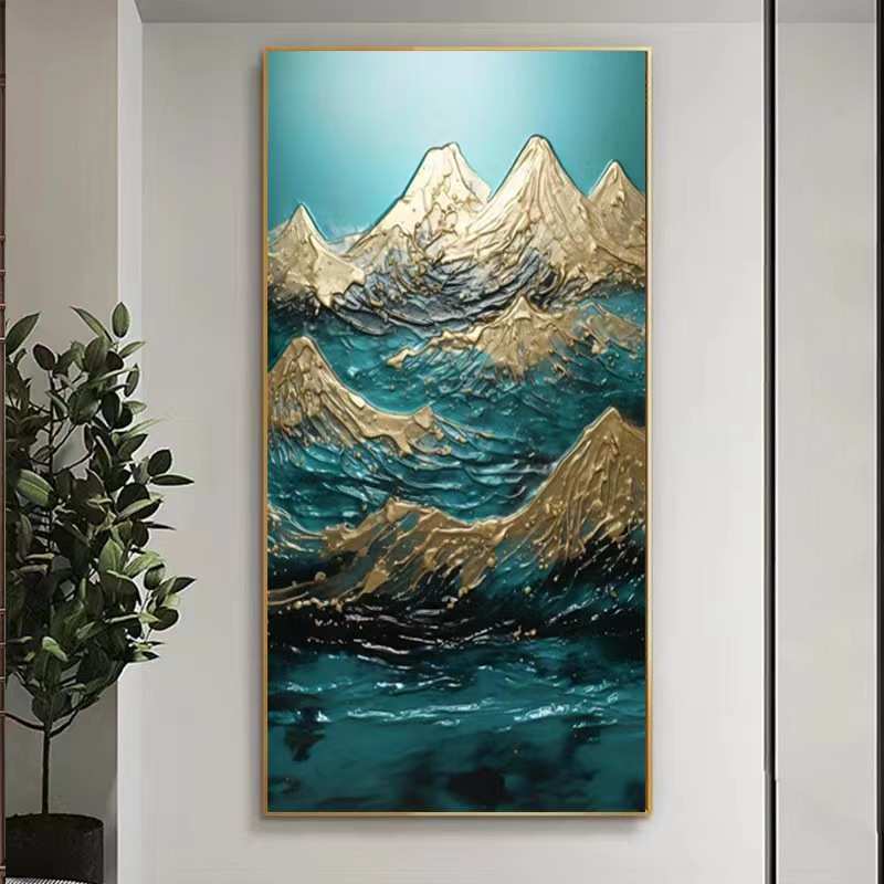 轻奢抽象金山玄关画走廊过道壁画立体山水挂画楼梯间入户装饰画图片