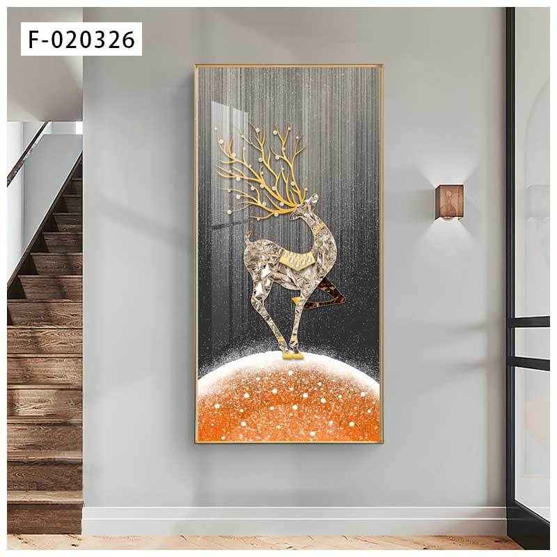 时尚简约抽象晶瓷玄关装饰画竖版入户走廊过道挂画麋鹿背景墙壁画图片