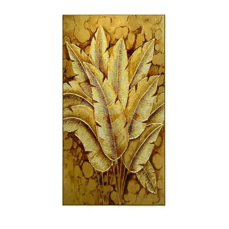 东南亚泰式客厅玄关装饰画走廊挂画竖版手绘抽象画油画金箔芭蕉叶