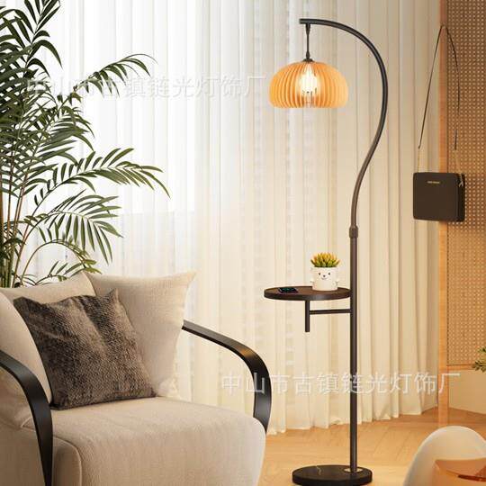 复古美式落地灯中古风客厅沙发旁装饰置物卧室床头柜一体立式台灯