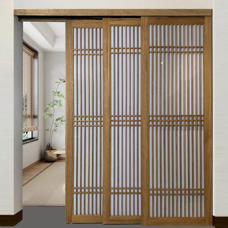 新中式全实木格栅移门推拉门吊轨三联动屏风隔断客厅茶室书房阳台