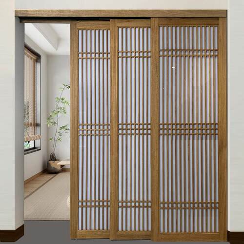 新中式全实木格栅移门推拉门吊轨三联动屏风隔断客厅茶室书房阳台