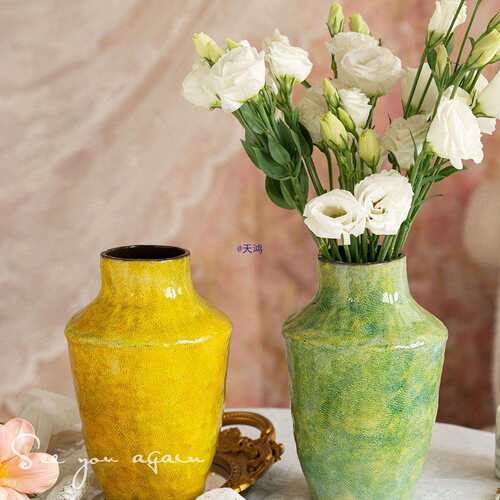 陶瓷花瓶法式复古中古风绿色创意油画干花鲜花插花感客厅摆件