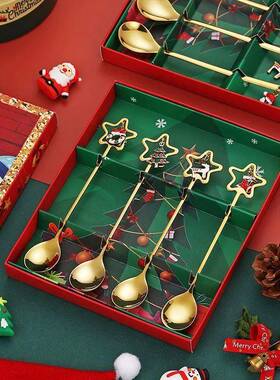 4PCS Christmas Coffee Spoons Set Gold Christmas Stainless St