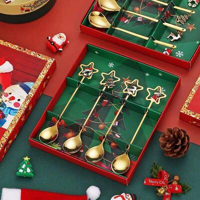 4PCS Christmas Coffee Spoons Set Gold Christmas Stainless St