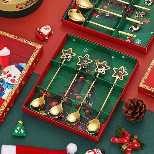4PCS Christmas Coffee Spoons Set Gold Christmas Stainless St
