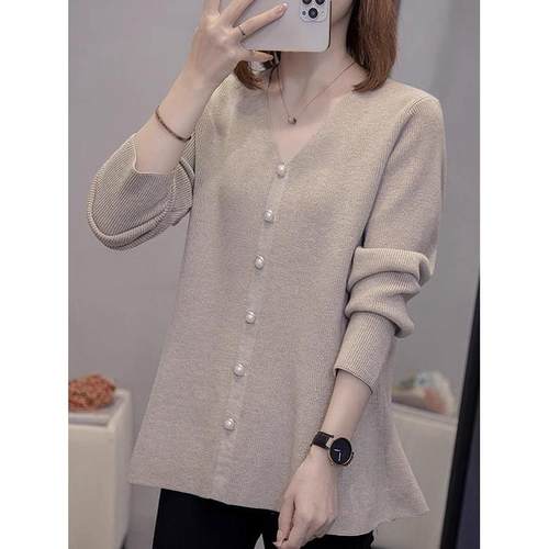 新款洋气秋冬宽松显瘦下摆荷叶边针织上衣女减龄V领毛衣1218h