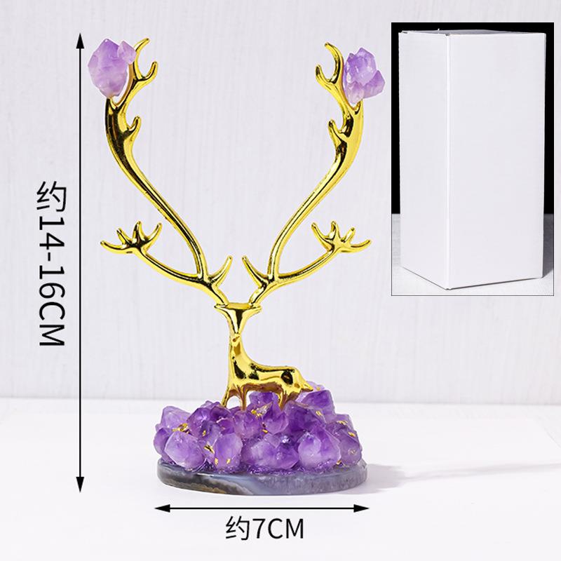 摆金然紫水晶牙花合梅花鹿摆件客厅玄关电紫晶牙花视柜天水晶工艺